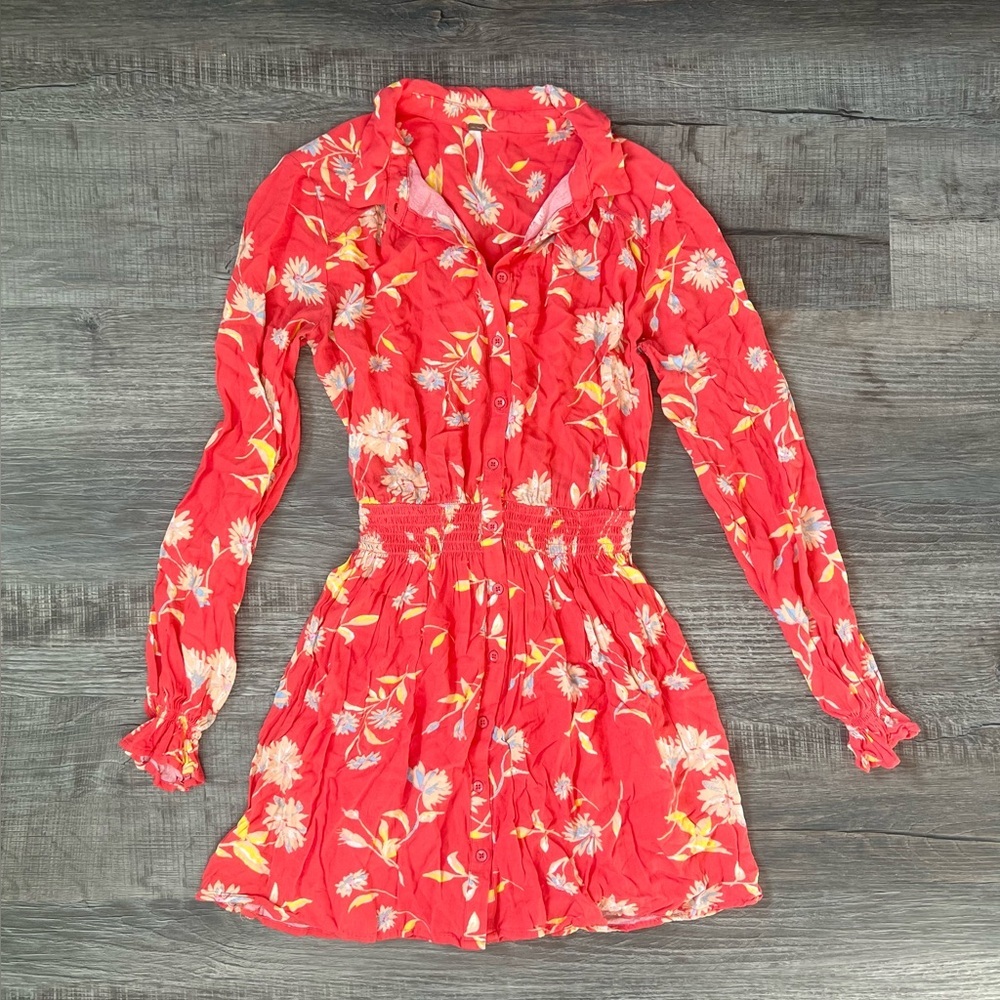 Free People Ruthie Floral Mini Dress Small Orange Long Sleeve Flirty Party - Picture 3 of 5